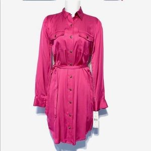 hot pink satin shirt dress